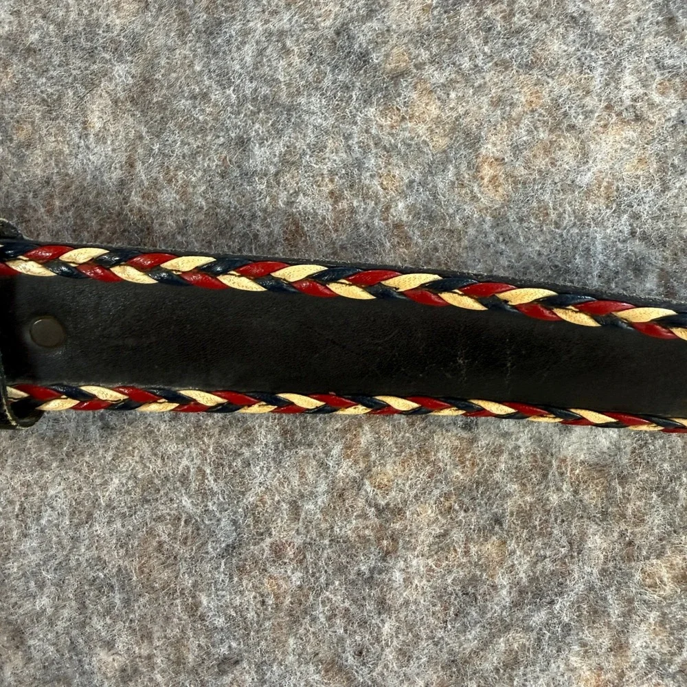 Leather Belt Women 38 Cowhide Leather Black Red White Blue Braided Trim Western